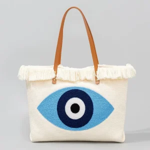 Evil Eyes Towel Embroidery Handbag European and American Shoulder Bag Beach Street Fringe Large Capacity Canvas Tote Bag