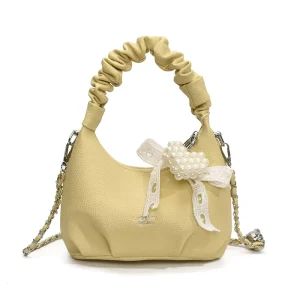 Exquisite Craftsmanship Vegan Leather Bag Pleated Bucket Bag with Pearl Accent & Lace Bow Detail New Arrivals