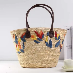 Exquisitely Crafted Woven Straw Bag Featuring Colorful Feather Embroidery Made From Eco friendly Materials for Beach Vacations