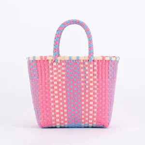 Factory Colorful Contrasting Travel Vacation Handmade Woven Basket Tote Bag Large Capacity Ladies Beach Handbag for Summer