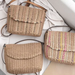 Factory Colorful Striped Straw Crossbody Bag Woven Shoulder Bag for Summer Boho Straw Flap Woven Purse for Women