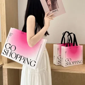 Factory Customized Logo Non Woven Reusable Grocery Shopping Tote Handbag Pink Gradient Garment Go Shopping Bags