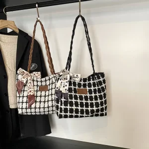 Factory Direct New Large Capacity Simple Fashion Plaid Black White Shoulder Bag Women’s Tote Bag