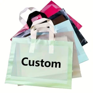 Factory Direct Sale Custom Logo Recyclable PE Plastic Packaging Shopping Tote Bag Soft Loop Handle Clothing Underwear Socks Fur