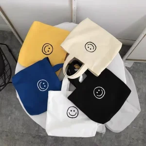 Factory Eco friendly Small Cotton Shopping Bags Custom Logo Smiling Face Canvas Tote Bag With Handles