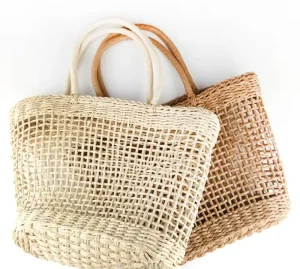 Factory European Raffia Portable Beach Tote Bag Seaside Mesh Straw Basket with Drawstring Closure Custom