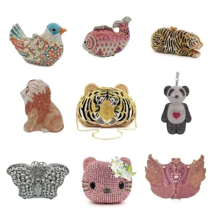 Factory Metal Hollow Animal Diamond Purse Crystal Bag Women’s Rhinestone Clutch Evening Bag Handbag in Stock