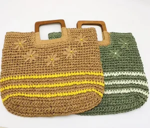 Factory Summer Straw Bag Travel Handbags Ladies Beach Bag Wooden Handle Outdoor Straw Tote Bags for Women