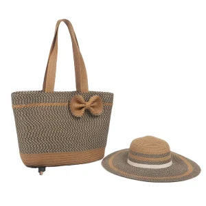Factory Supply Ladies Straw Bag Straw Hat Set Bow Knot Woven Tote Bag Summer New Beach Bag