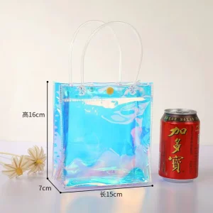 Factory direct sales custom logo PVC gradient blue beach transparent button shopping bag can be stored recycled and reused