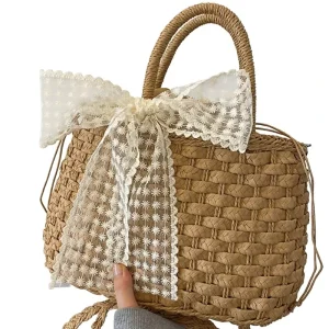 Fairy Beach Handheld Woven Straw Bag Women’s Bow Knot String Single Strap Large Capacity All Match Shoulder Crossbody