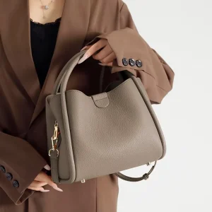 Fashion All match Genuine Leather Soft Bucket Bag Women’s Simple Large Capacity Commuting Shoulder Handbag
