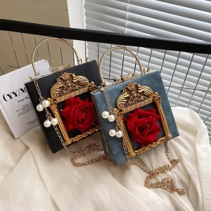 Fashion Angel Flowers Ladies Purse Luxury Crossbody Luxury Handbag Metal Handle Chain Shoulder Cute Evening Bag for Women