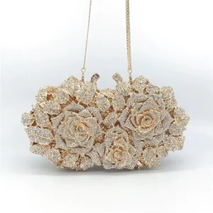 Fashion Bling Crystal Roses Rhinestone Luxury Evening Clutch Bag with Metal Chain for Women Wedding Party Small Capacity