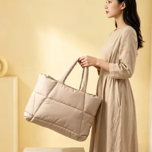 Fashion Brown Women Large Shoulder Weekender Shopper Handbag Crossbody Nylon Quilted Puffer Tote Bag