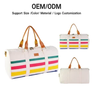Fashion Color Contrast Organic Cotton Tote Bag Sporty Style Canvas Cylinder Bag Custom PU Handle Canvas Travel Bag Custom Logo