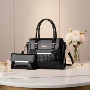Fashion Crocodile Embossed Patent Leather Handbag 2 Piece Set Luxury Glossy Satchel Bag Large Capacity Shoulder Bag with Wallet