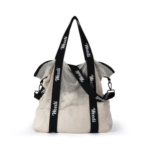 Fashion Customized Mesh Shoulder Bag Custom Logo Printed Handles Reusable Cotton Mesh Tote Bag for Gift Shopping Beach Travel