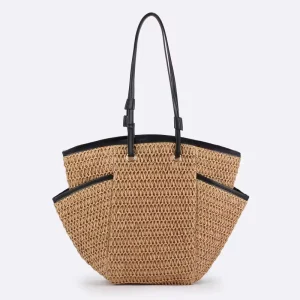 Fashion Design Straw Hand Bags Multi Color Handmade Crochet Beach Bag Women Tote Wheat Straw Zipper Portable Solid Color