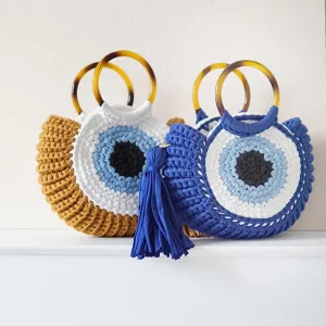 Fashion Devil’s Eye Women Hand Beach Bag Handmade Wool Crocheted Bag Ladies Tassel Printed Logo