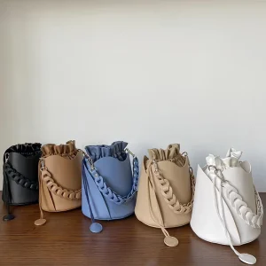 Fashion Drawstring PU Leather Bucket Bags Trendy Lady Shoulder Bags for Women