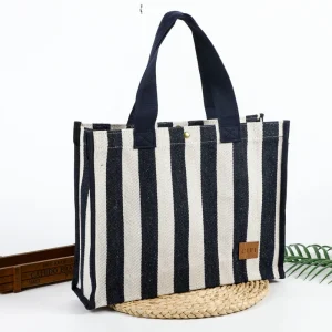 Fashion Eco friendly Casual Beach Striped Canvas Women’s Tote Bag with Customizable Logo