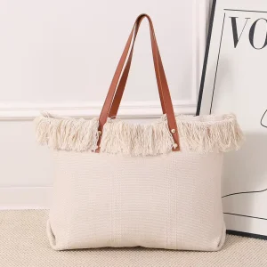 Fashion Fringe Shopper Tote Eco friendly Cotton Linen Bag for Summer Vacation Commute