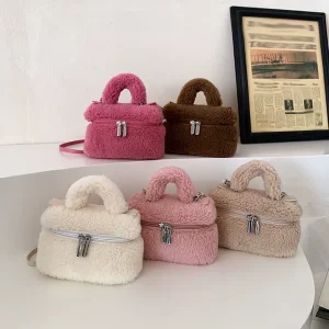 Fashion Hand Carry Soft Plush Fabric Lady Tote Bag ZIP Candy Lightweight Portable Polyester Crossbody Shoulder Strap