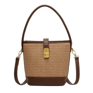Fashion Hand-woven Zipper Women’s High-end Texture Straw Small Single-Shoulder Crossbody Casual Bucket Bag