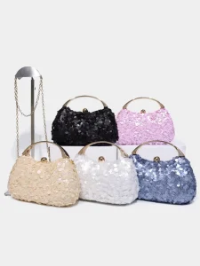 Fashion Ladies Polyester Chain Messenger Bag Sequined Dinner Bride Wedding Handbag Blue Banquet Evening Bags