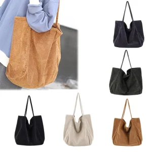 Fashion Large Capacity Women Handbag Shoulder Bags Korean Casual Tote Purse Green Corduroy Shopping Bag