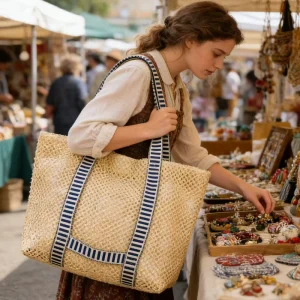 Fashion Large Striped Handle Straw Tote Bag Mesh Beach Bag for Women Summer Travel Shopping