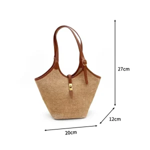 Fashion Leather Women’s Single-shoulder Bag Ladies Straw Hand-Woven Handbags for Vacation Travel Summer