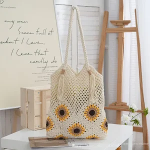Fashion Open Closure Straw Shoulder Tote Bag Vacation Large Capacity All match Retro Sunflower Design