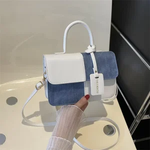 Fashion PU Leather Ladies Handbags Square Underarm Crossbody Bag with Block Splice Women’s Shoulder Bags