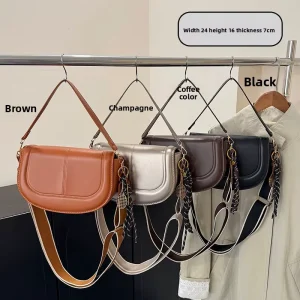 Fashion PU Waterproof Portable Shoulder Crossbody Saddle Bag Zipper Closure Wide Shoulder Strap Flip Line Decorative Design for