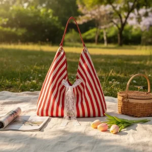 Fashion Personalized Bow Eco Friendly Portable Striped Canvas Shoulder Bag Daily Use Tote Bags for Women