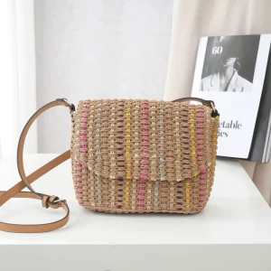 Fashion Preppy Style Crossbody Summer Rattan Straw Bag for Women Weave Patchwork Braided Cover Beach Bag for Girls