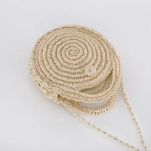 Fashion Round Straw Single Strap Shoulder Bag with Adjustable Belt and Zip Closure