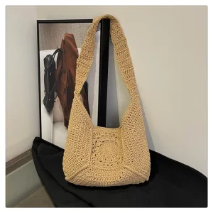 Fashion Spring Casual Style Woven Straw Bag Women’s Bag for Daily Use Handmade Cotton Straw Shopping Bag