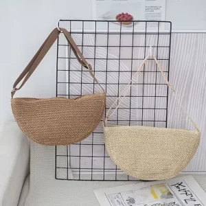 Fashion Summer Crochet Beach Straw Shoulder Bag Vintage Handmade Straw Half Moon Cross body Bag