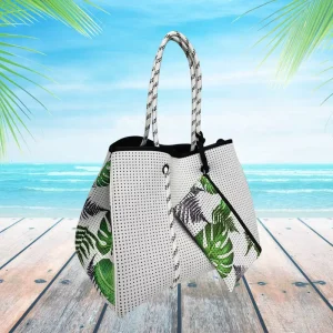 Fashion Travel Sports Neoprene Personalized Printing Girls Women Casual Shoulder Bags Large Beach Tote Perforated Beach Bags
