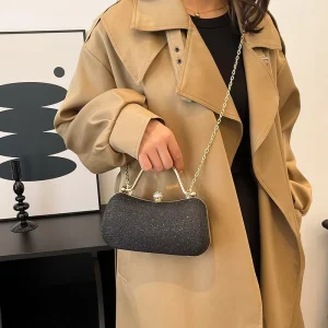 Fashion Trendy Women’s Golden Chain Diamond Accents PU Leather Crossbody Shoulder Bags Lock Closure for Evening