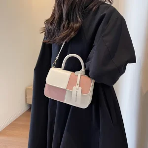 Fashion Vintage Lady Contrast Patchwork Satchel Women’s Small Square Bag Two Sizes Chain Crossbody Purse Polyester Lining Korean