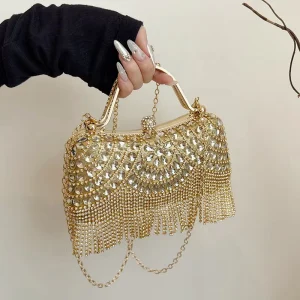 Fashion Women Luxury Square Clutch Bag Ladies Tassel Evening Rhinestones Handbag Chain Shoulder Lady Wedding Party Purse Bag