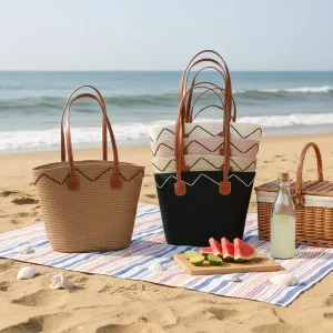 Fashion Women Straw Bag Hat Set Summer Outdoor Travel Beach Straw Handbag Ladies Straw Tote Bag