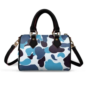 Fashion Women’s Boston Bag Camouflage Print PU Leather Top Handle Satchel Trendy Street Style Cylinder Handbag Crossbody Bag
