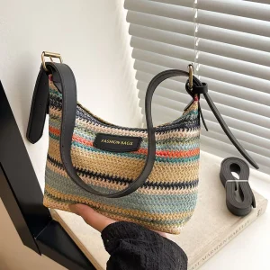 Fashionable All match Underarm Bag Explosive Rainbow Stripe Handbag Simple Women’s Shoulder Bag Polyester Zipper