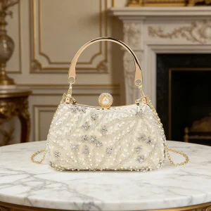 Fashionable Beaded Sequin Red Clutch Purse Women Embroidered Bridal Pearl Handle Square Candy Chains Vintage Clutch Bag Evening