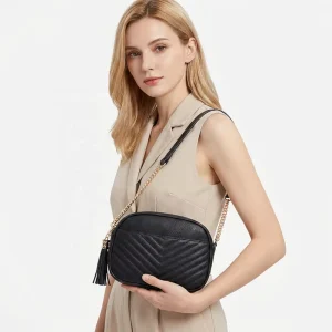 Fashionable Camera Bag Crossbody For Women Chevron Quilted PU Leather Purse With Chain Strap And Tassel Trendy Shoulder Bag